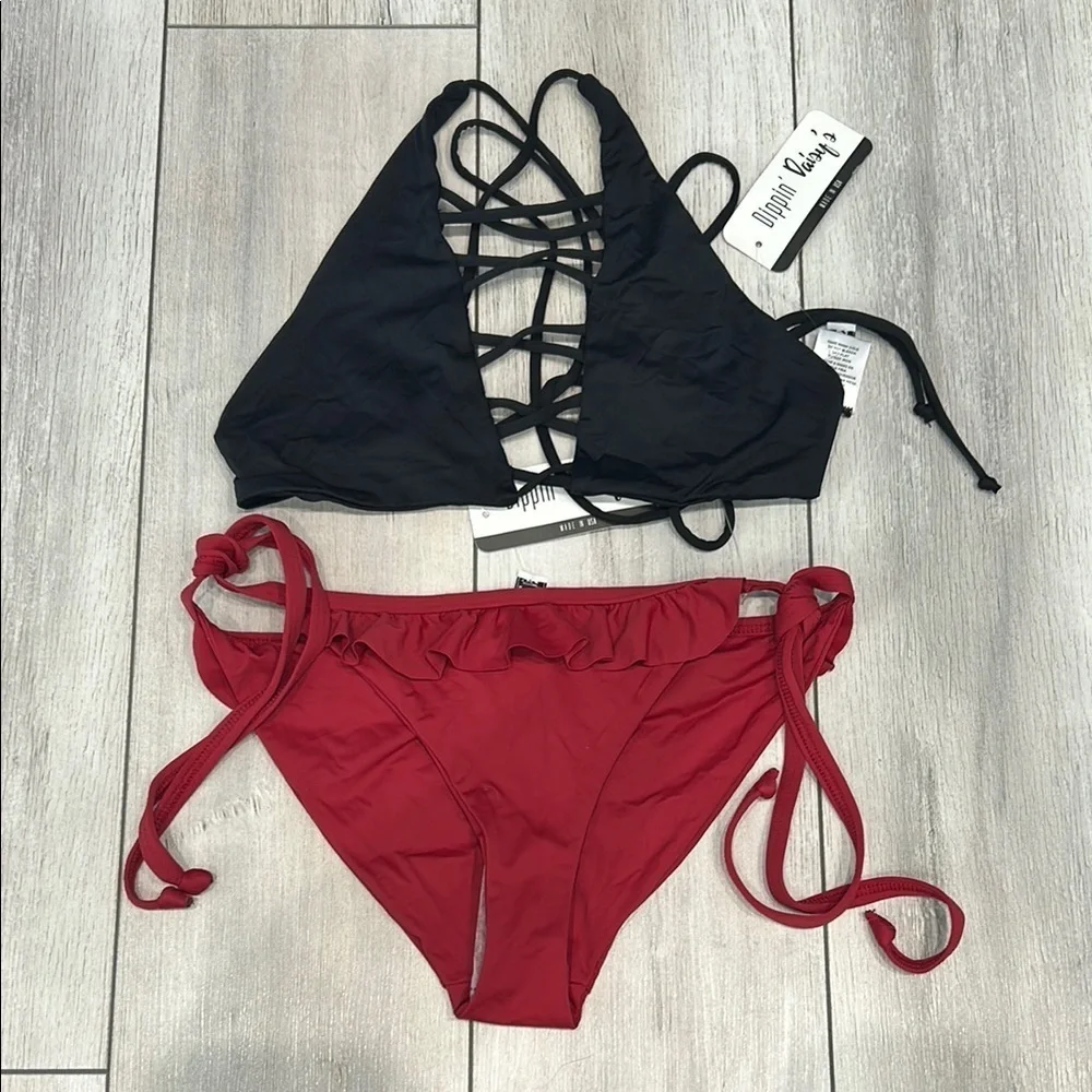Dippin' Daisy's black burgundy two piece swimsuit bikini set size small